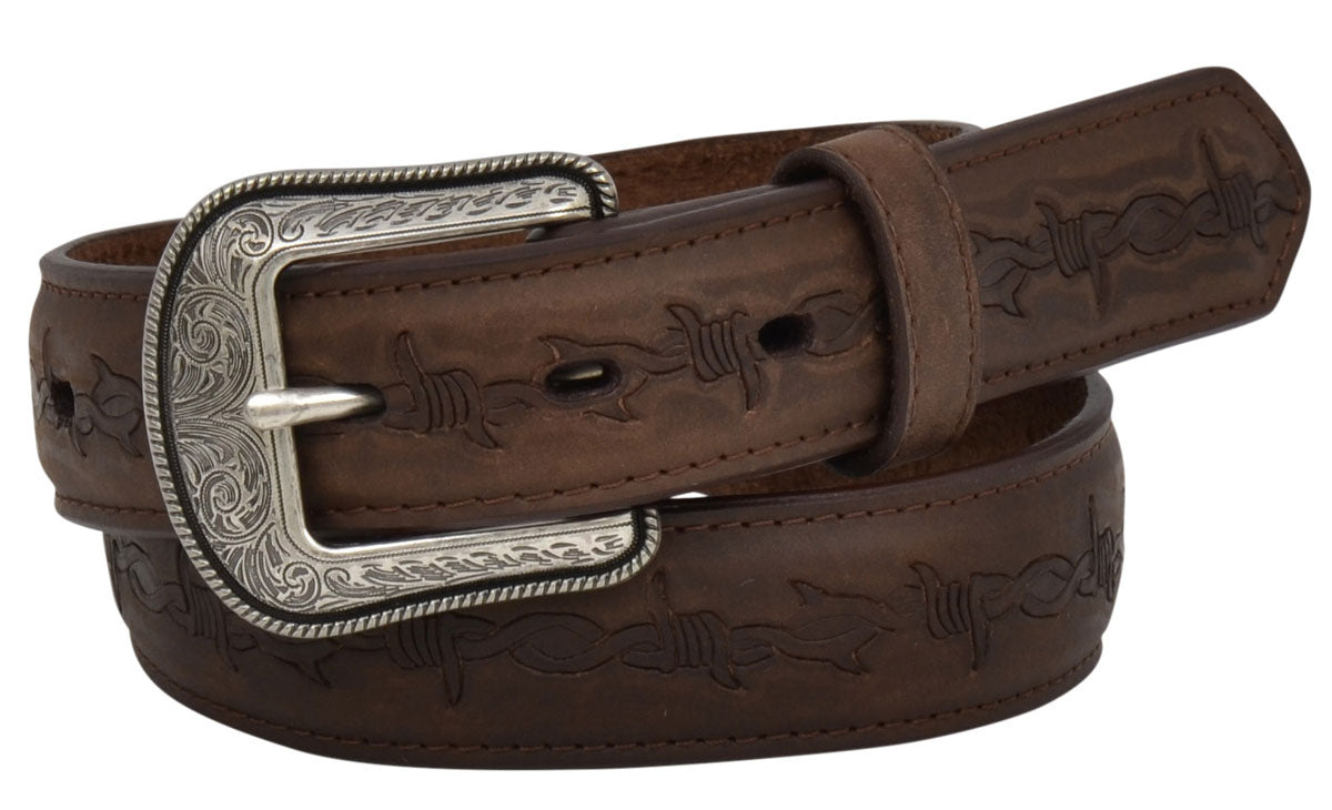 3D Kid's Brown Distressed Leather Belt w/Barbed Wire Embossing