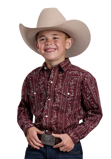 Roper Boy's Brick Red & Cream Trellis Print Long Sleeve Snap Shirt
