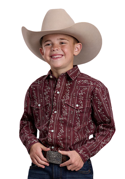 Roper Boy's Brick Red & Cream Trellis Print Long Sleeve Snap Shirt