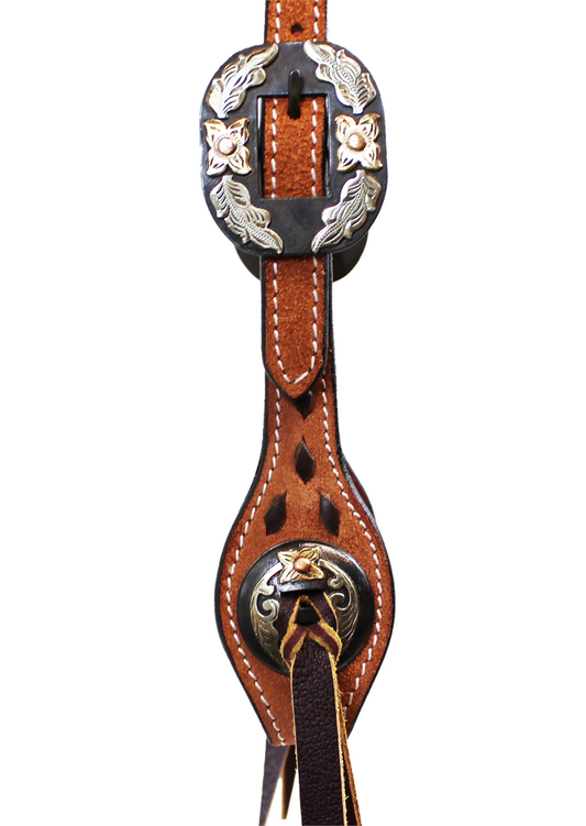 Light Roughout Buck Stitch Slip Ear Headstall w/Floral Buckles