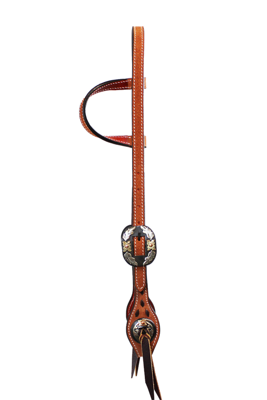 Light Roughout Buck Stitch Slip Ear Headstall w/Floral Buckles