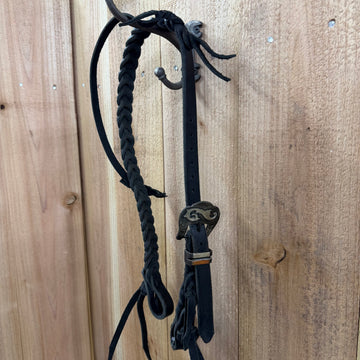 Black Harness Leather Ribbon Ear Blood Knot Headstall with Mendez Buckle and Keeper