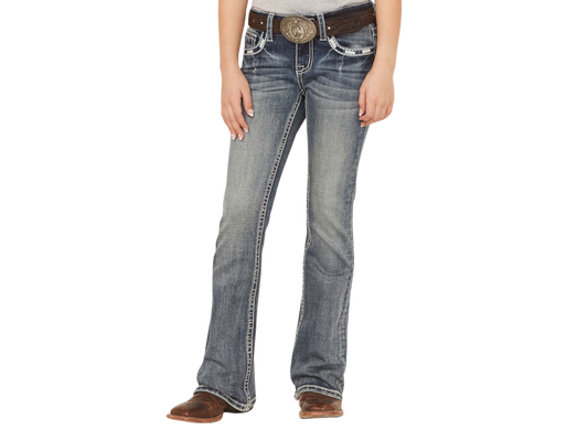 Grace in LA Girls' Medium Wash Horseshoe w/Horses Embroidered Pocket Bootcut Jeans