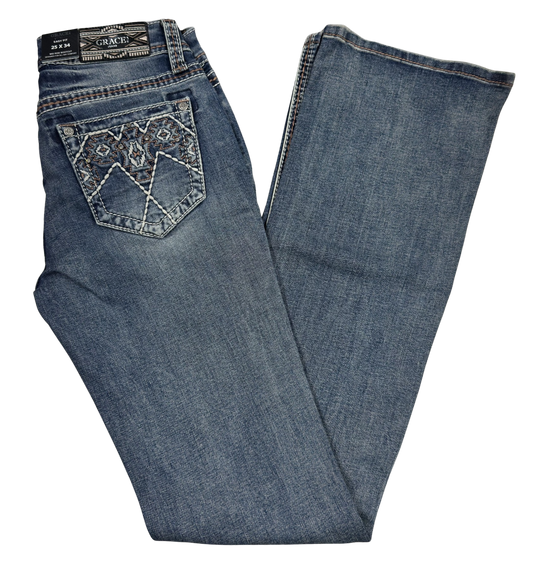Grace in LA Women's Easy Fit Mid Rise Boot Cut Jeans w/Eagle Stitch Pockets