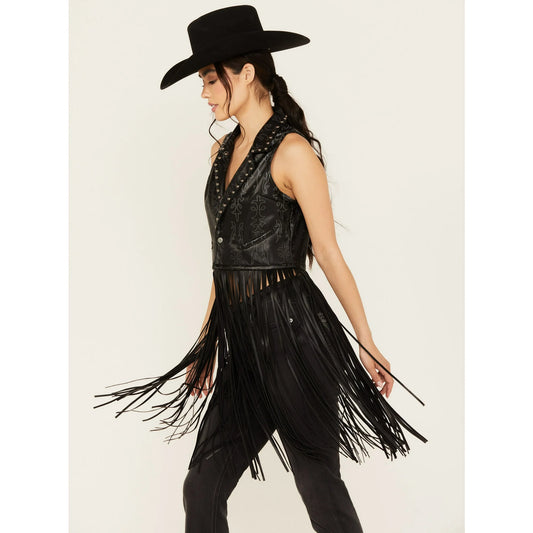 Rock & Roll Denim Women's And Embellished Long Fringe Vest