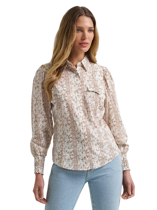 Wrangler Women's Smocked Sleeve Western Snap Blouse