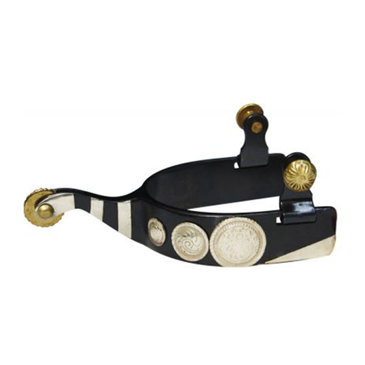 Black Steel Spurs w/Engraved Conchos and Silver Bar Accents