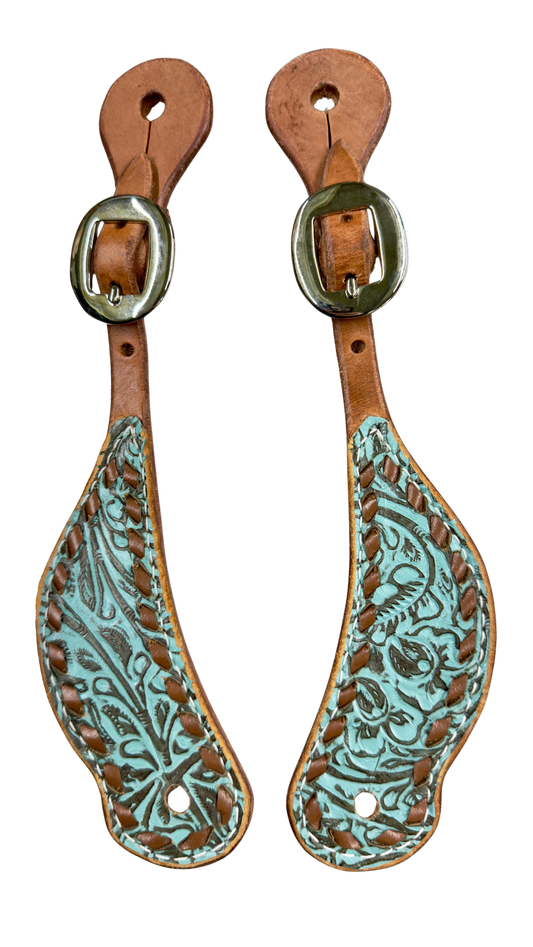 San Saba Harness Leather Spur Straps w/Floral Print & Buckstitch