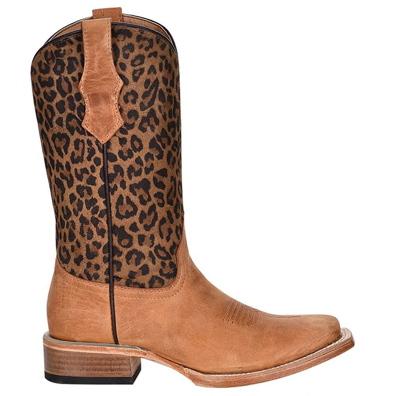 Circle G Girl's Tan Honey Leopard Print Shaft Square Toe Boots