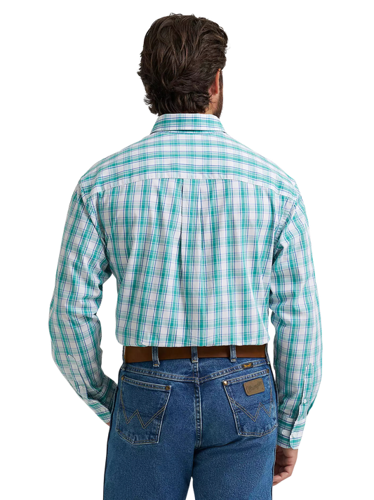 Wrangler Men's George Strait Turquoise Plaid Long Sleeve Button Down One Pocket Shirt