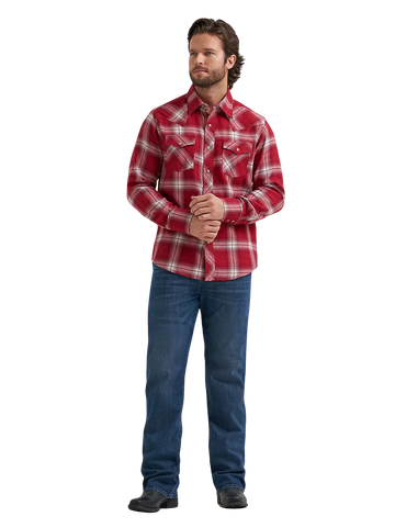 Wrangler Men's Retro Long Sleeve Hearth Red Plaid Flannel Snap Shirt