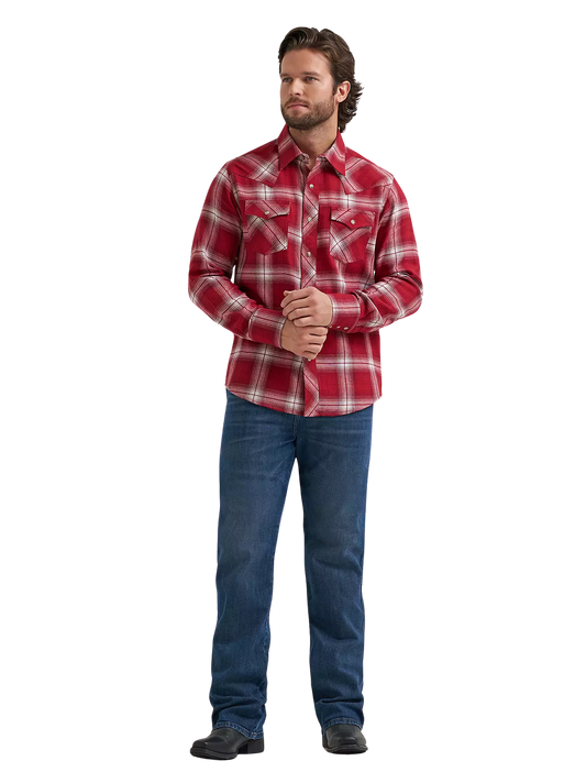 Wrangler Men's Retro Long Sleeve Hearth Red Plaid Flannel Snap Shirt
