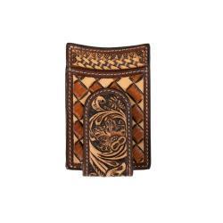 3D Men's Hand Tooled Floral/Basketweave Tan Money Clip Style Wallet