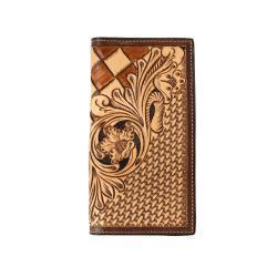 3D Men's Tan Hand Tooled Floral Basketweave Rodeo Style Wallet