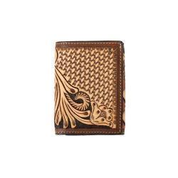 3D Men's Tan Hand Tooled Floral Basketweave Trifold Style Wallet