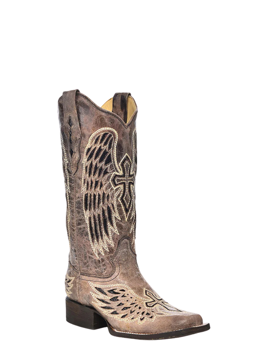 Corral Women's Black Glitter Inlay Cross & Wings Square Toe Boot