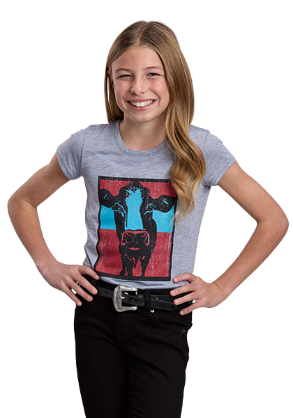 Roper Girl's Cow Screen Printed Heather Grey Jersey Short Sleeve T-Shirt