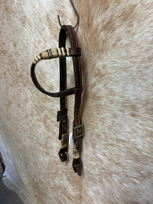 Used One Ear Headstall With Rawhide and Brown Steel/Silver Buckles, Quick Change Bit Ends