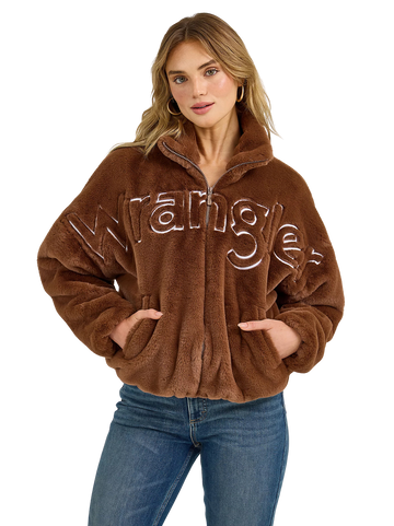 Wrangler Women's Logo Fuzzy Zip Teddy Brown Jacket