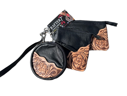 Rafter T Soft Leather Coin Purse Trio with Tooled Corners