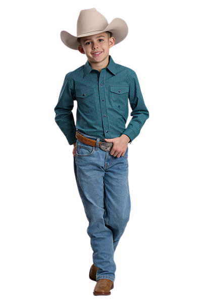 Roper Boy's Green Plaid Long Sleeve Stretch Snap Western Shirt