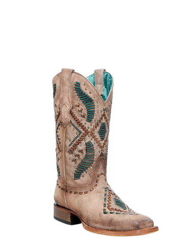 Corral Women's Woven Embroidery & Studs Wide Square Toe Sand Cowboy Boot
