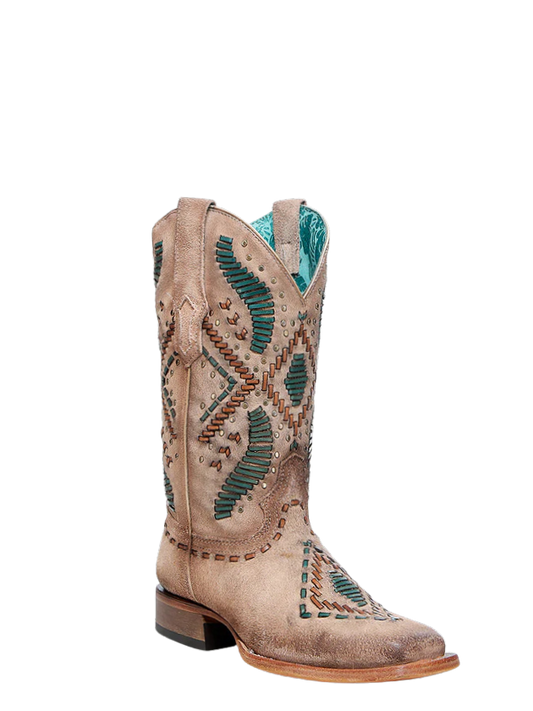 Corral Women's Woven Embroidery & Studs Wide Square Toe Sand Cowboy Boot
