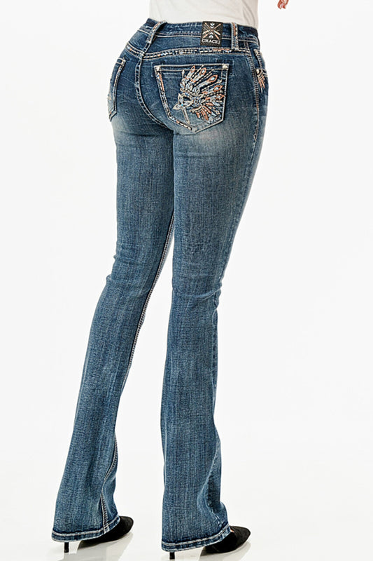 Grace in LA Women's Feather Headband Embroidery Mid Rise Bootcut Jeans