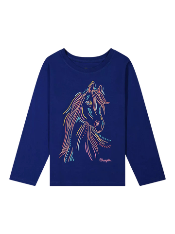 Wrangler Girl's Long Sleeve Pastel Horse Graphic Blue T-Shirt