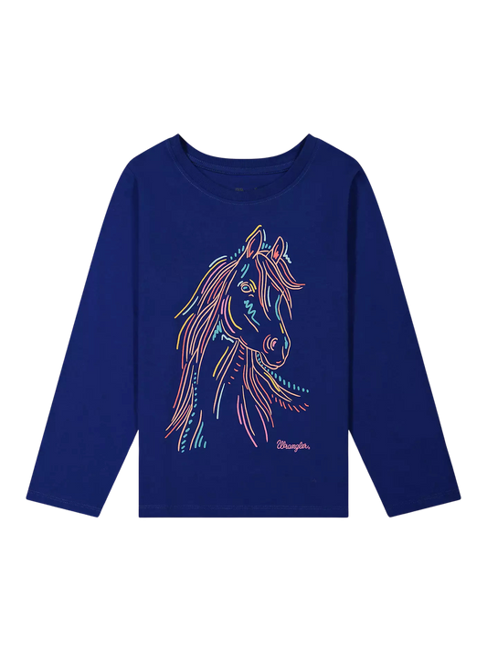 Wrangler Girl's Long Sleeve Pastel Horse Graphic Blue T-Shirt