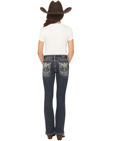 Grace in LA Girls' Dark Wash Floral Pocket Bootcut Jeans