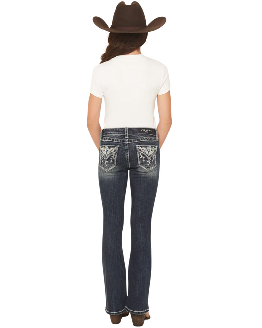 Grace in LA Girls' Dark Wash Floral Pocket Bootcut Jeans