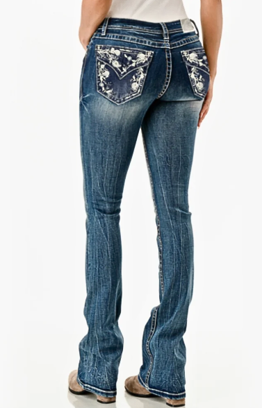 Grace in LA Women's Floral Faux Flap Embellished Mid Rise Bootcut Jeans