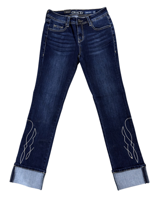 Grace in LA Women's Easy Fit Mid Rise Boot Cut Jeans w/Toe Bug Stitched Pockets