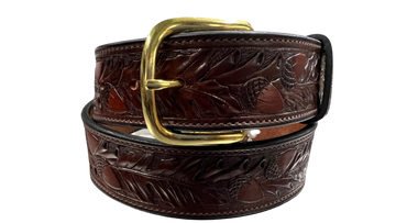 Visalia Stock Saddle Co. Men's Chocolate Brown Leather Acorn Tooled Belt