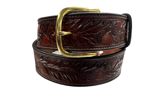 Visalia Stock Saddle Co. Men's Chocolate Brown Leather Acorn Tooled Belt