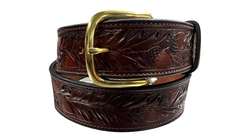 Visalia Stock Saddle Co. Men's Chocolate Brown Leather Acorn Tooled Belt