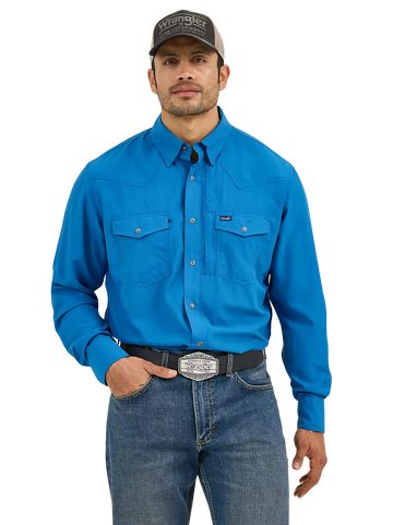 Wrangler Men's Performance Snap Long Sleeve Solid High Tide Blue Shirt