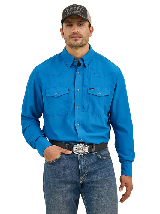 Wrangler Men's Performance Snap Long Sleeve Solid High Tide Blue Shirt