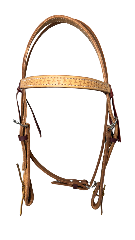 HR 3/4" Doubled & Stitched Quick Change Running W Tooled Leather Browband Headstall