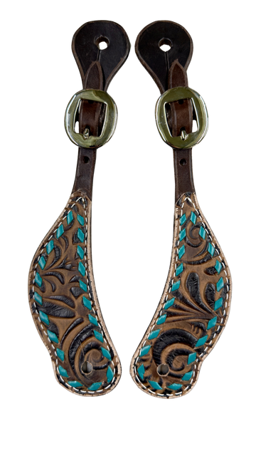 San Saba Chocolate Leather Spur Straps w/Floral Print & Buckstitch