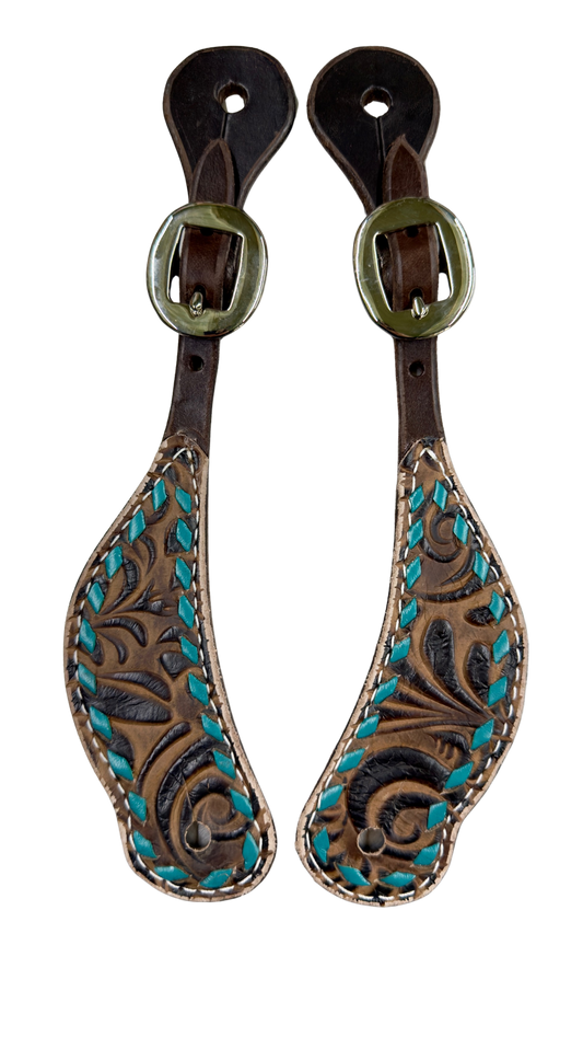San Saba Chocolate Leather Spur Straps w/Floral Print & Buckstitch