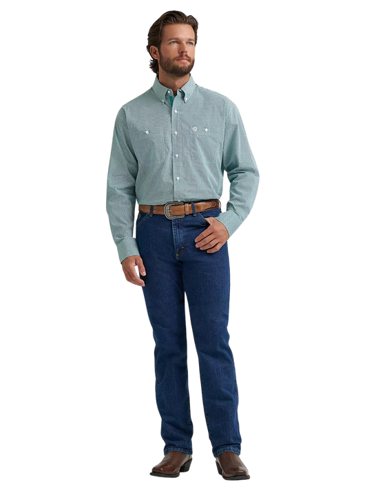 Wrangler Men's George Strait Aqua Cross Long Sleeve Button Down Two Pocket Shirt