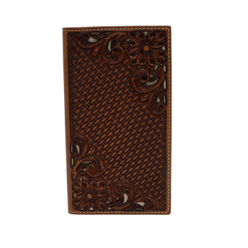Nocona Brown Basket Weave Floral Tooled Rodeo Checkbook Wallet
