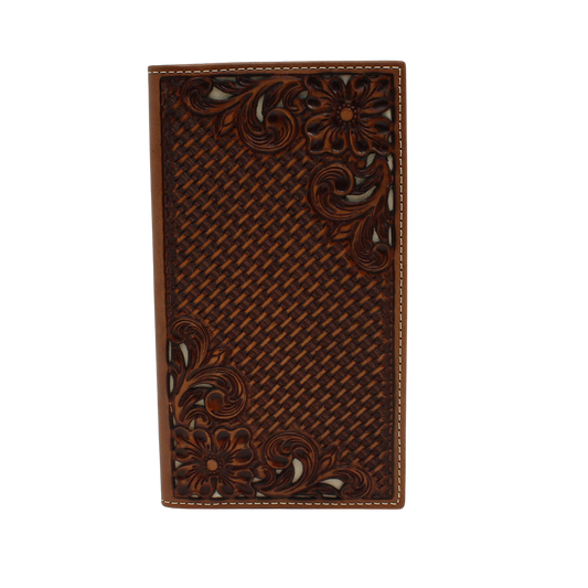 Nocona Brown Basket Weave Floral Tooled Rodeo Checkbook Wallet