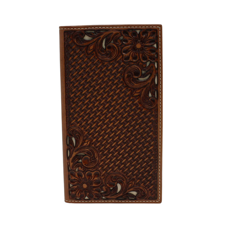 Nocona Brown Basket Weave Floral Tooled Rodeo Checkbook Wallet