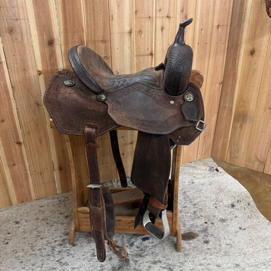 Used R Bar B Flex Barrel Saddle, 15" Seat