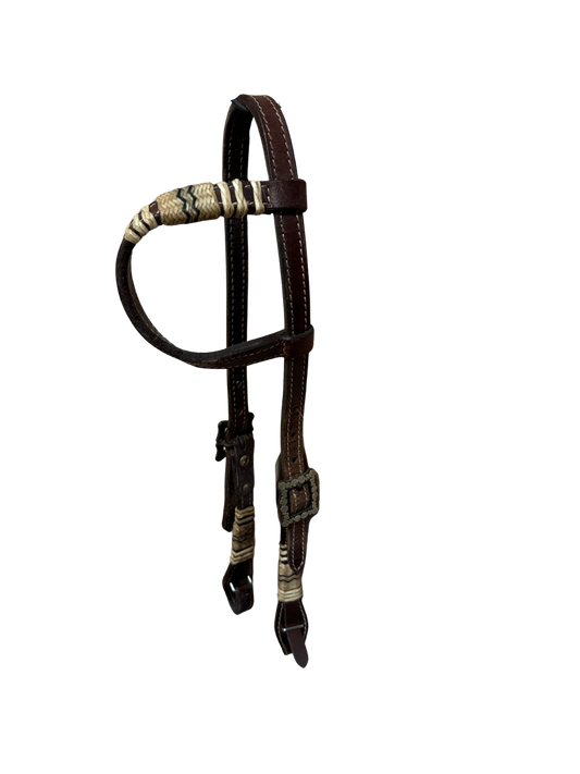 Used One Ear Headstall With Rawhide and Brown Steel/Silver Buckles, Quick Change Bit Ends