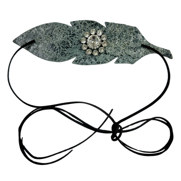 Large Leather Crackle Finish Feather Hat Band with Rhinestone Concho