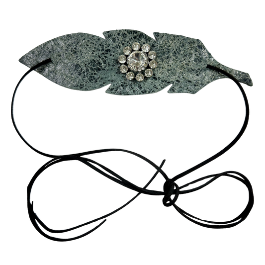 Large Leather Crackle Finish Feather Hat Band with Rhinestone Concho